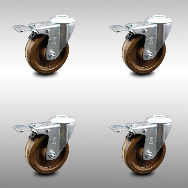 4 Inch SS High Temp Phenolic Swivel Bolt Hole Caster Set with Total Lock Brake